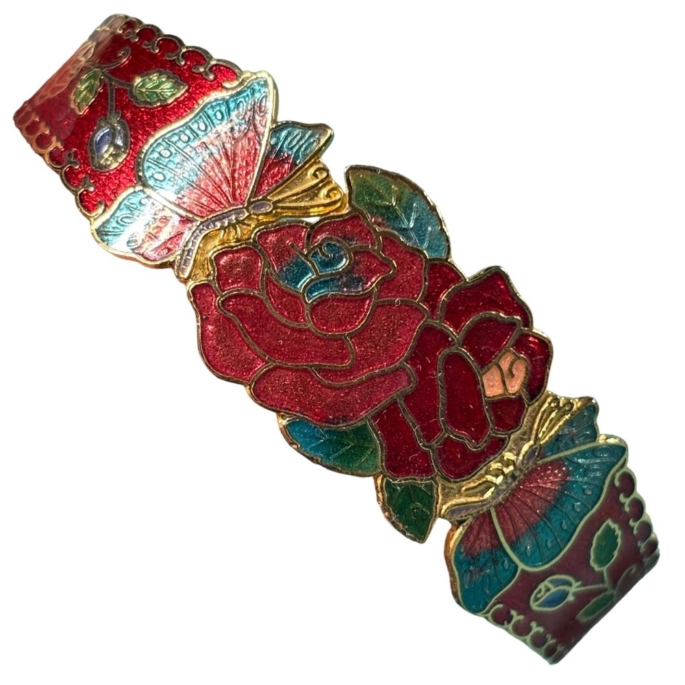 Vintage Cloisonne Enamel Rose Butterfly Hinged Bangle Bracelet Gold Tone Red